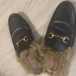 Gucci Black Leather Fur Lined Loafers